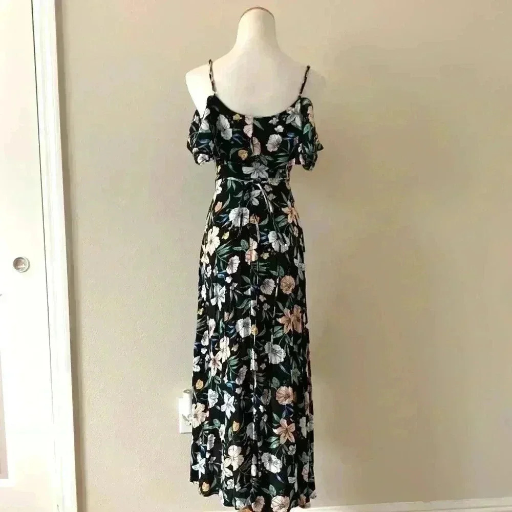 F21 black floral cold shoulder high low wrap dress - Picture 4 of 8